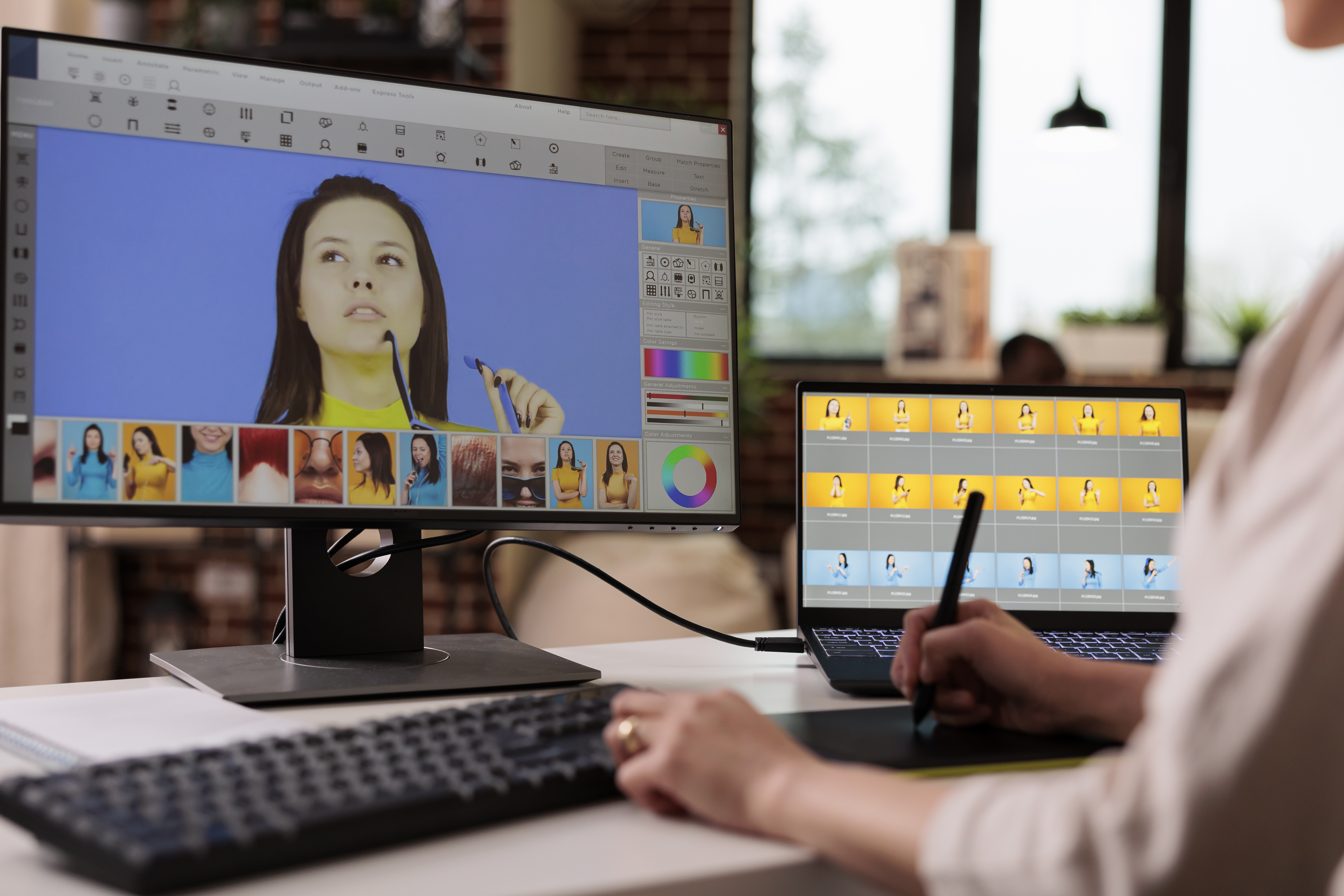 Creative freelancer editing picture with retouching software, using graphic tablet to edit image for multimedia production. Visual content creator using photography retouch interface.